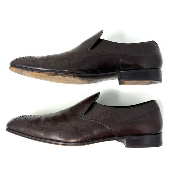 AUTHENTIC! Prada Brown Leather Cut Out Perforated Wingtip Loafers Size 7.5 - Picture 5 of 12